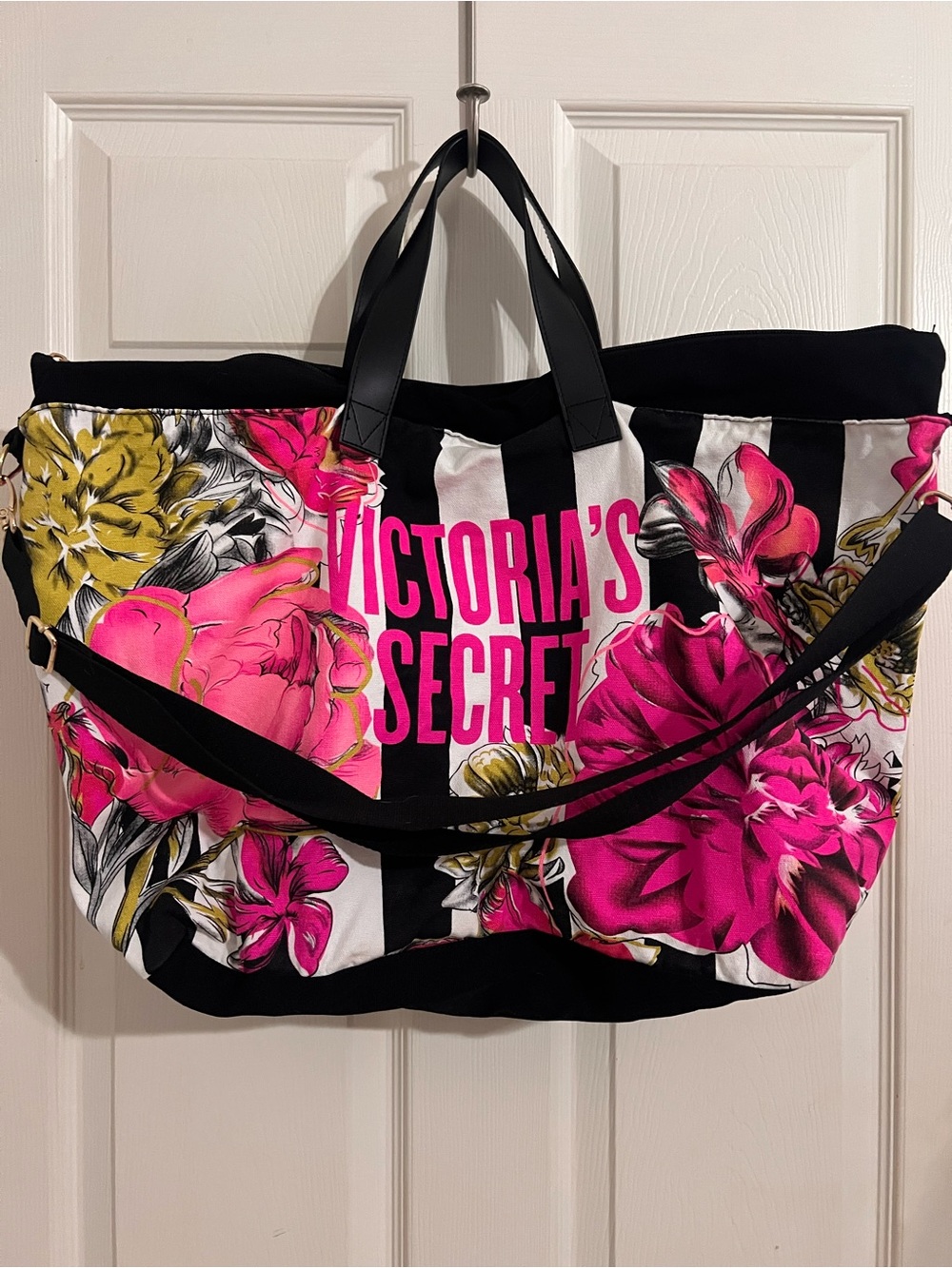 Victoria's Secret Black, White & Hot Pink Floral Stripe Tote